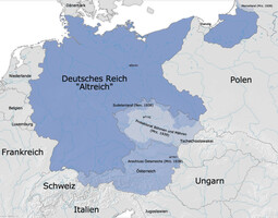 Gemeinfreies Bild: „Germany's (Altreich) borders as of 31 December 1937, and subsequent expansion before WWII.“